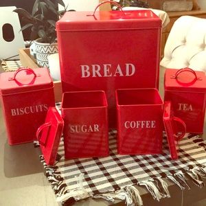 5-piece tin red canister set. Brand new